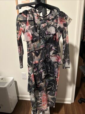 Top Shop Floral Mesh Ruffle Midi Dress - Black with Pink Floral